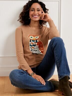 Talbots Plus 2X Owl Jacquard Sweater Brown Fair Isle Scarf Holiday Whimsical